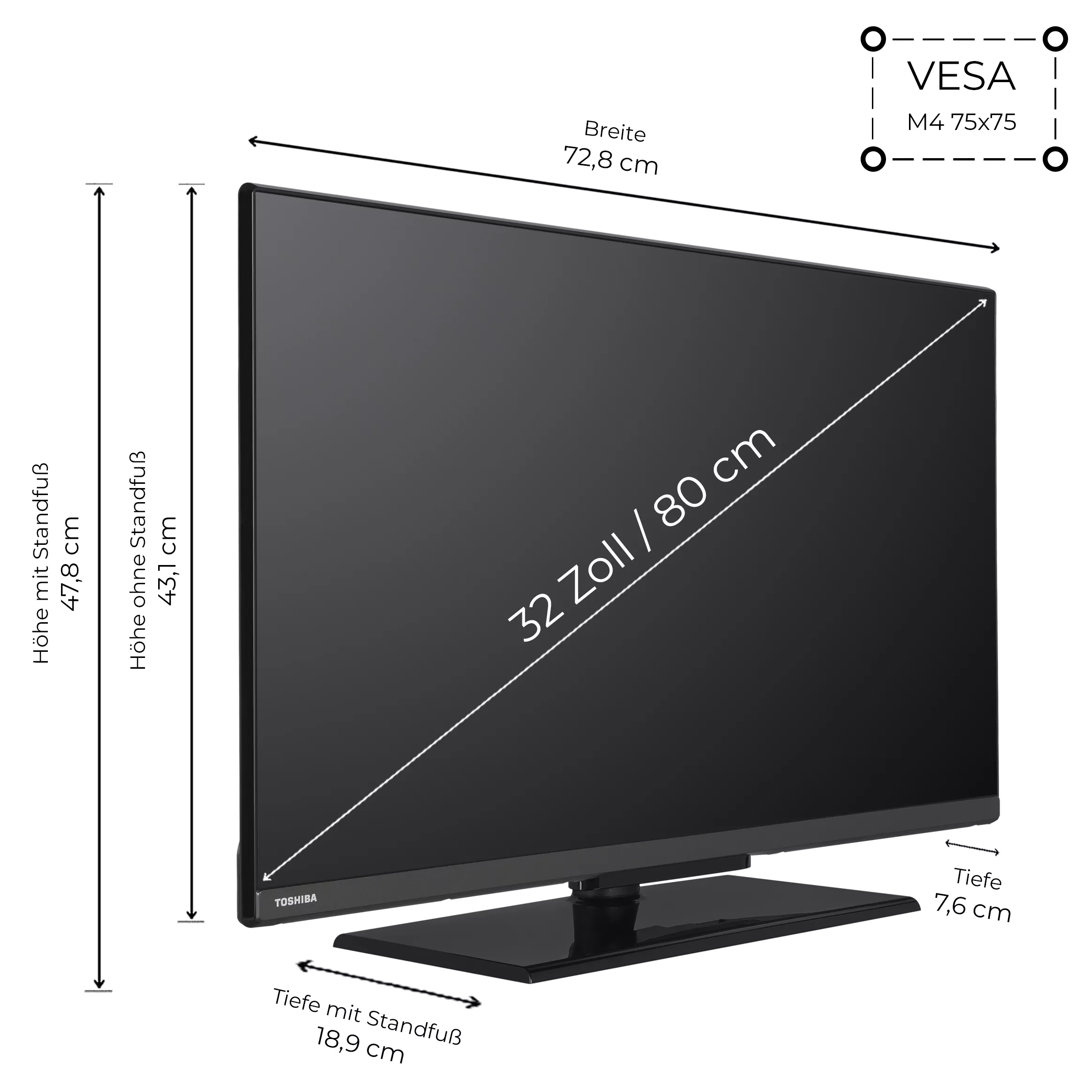 Abmessungen des Toshiba 32LF3F63DAZ Fernsehers in Breite, Höhe und Tiefe