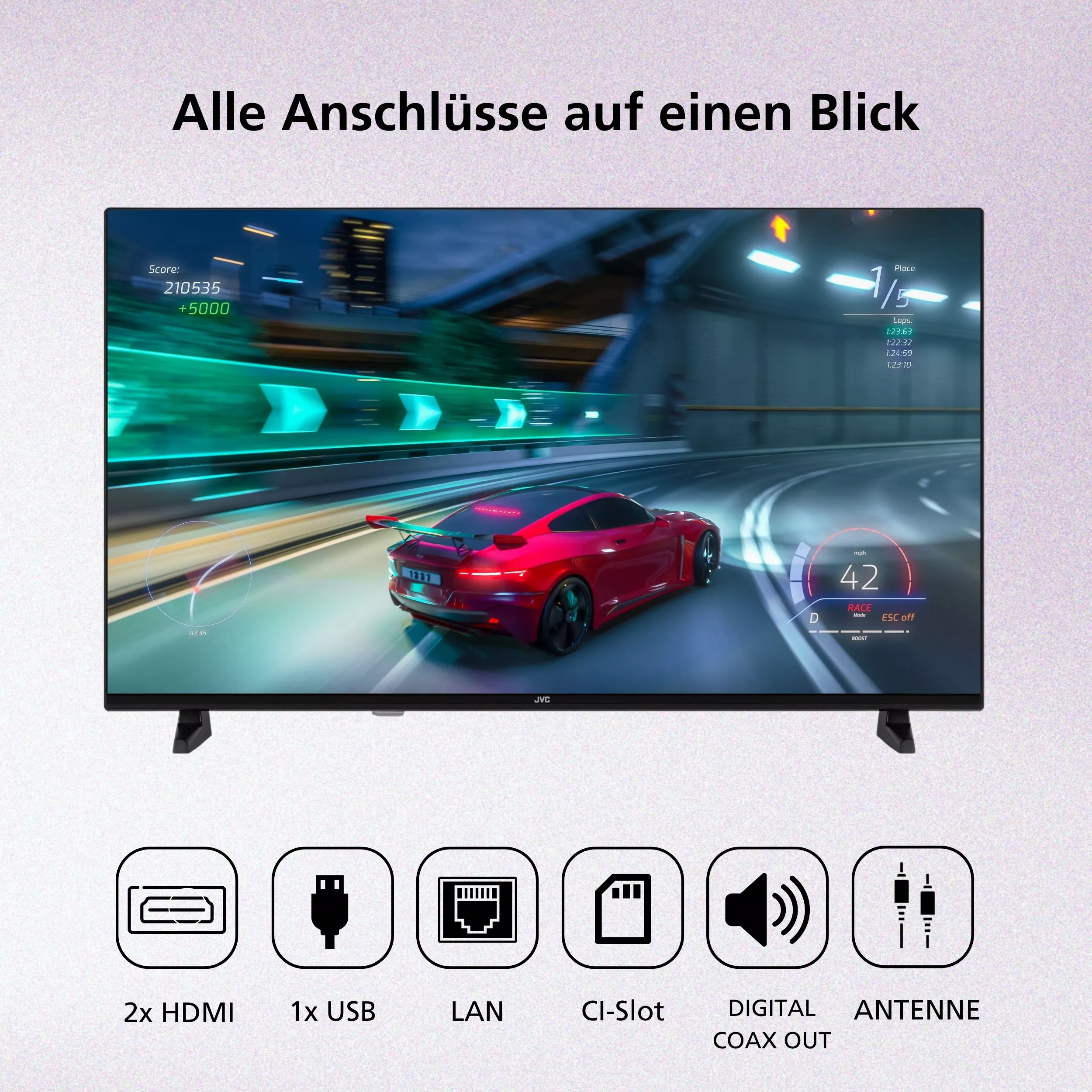 JVC LT-40VDF2555 mit sichtbaren Anschlüssen wie HDMI, USB und Audio