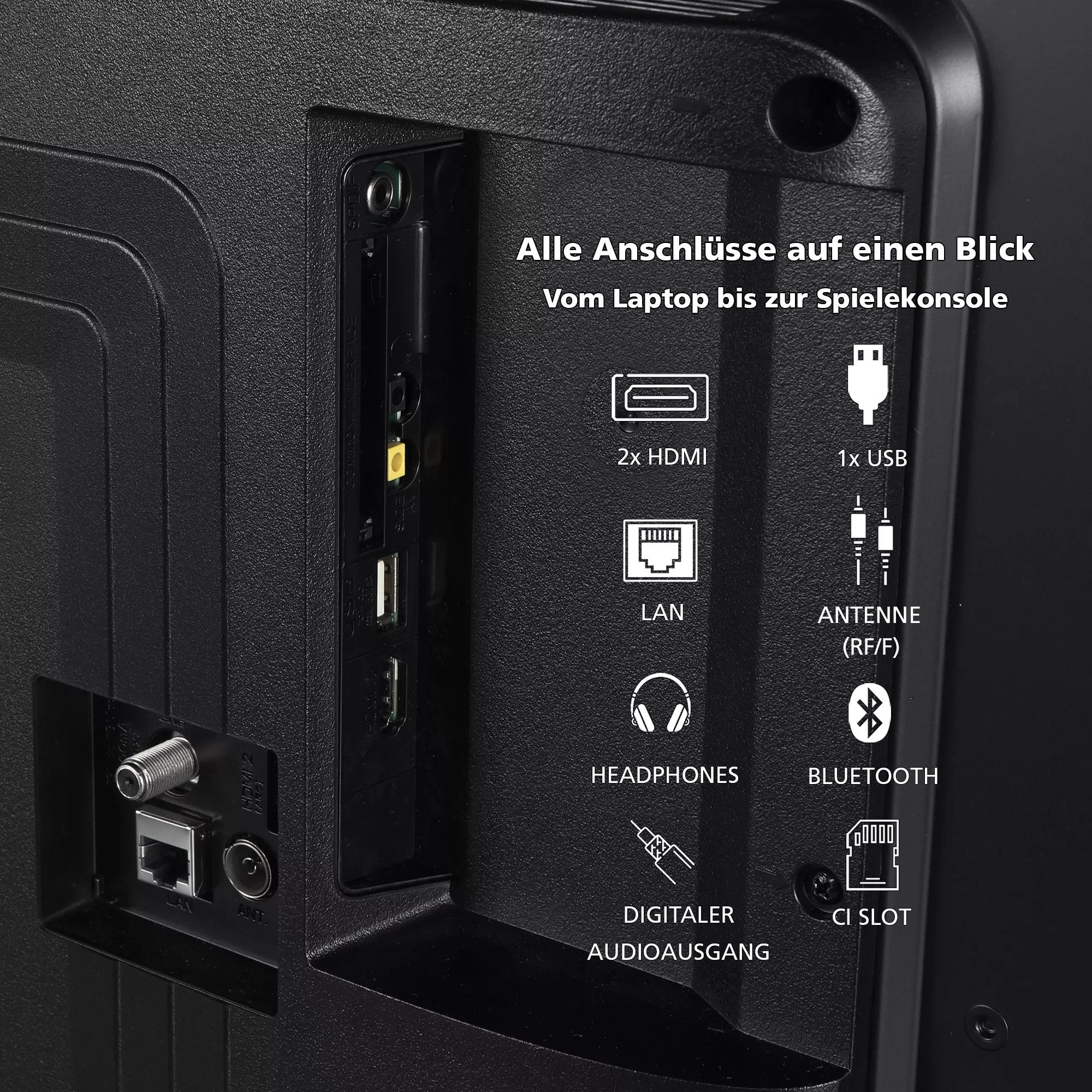 Nahaufnahme der Anschlussmöglichkeiten am Toshiba 40LA3E63DAZ Fernseher, inklusive HDMI, USB und Audioanschlüsse.