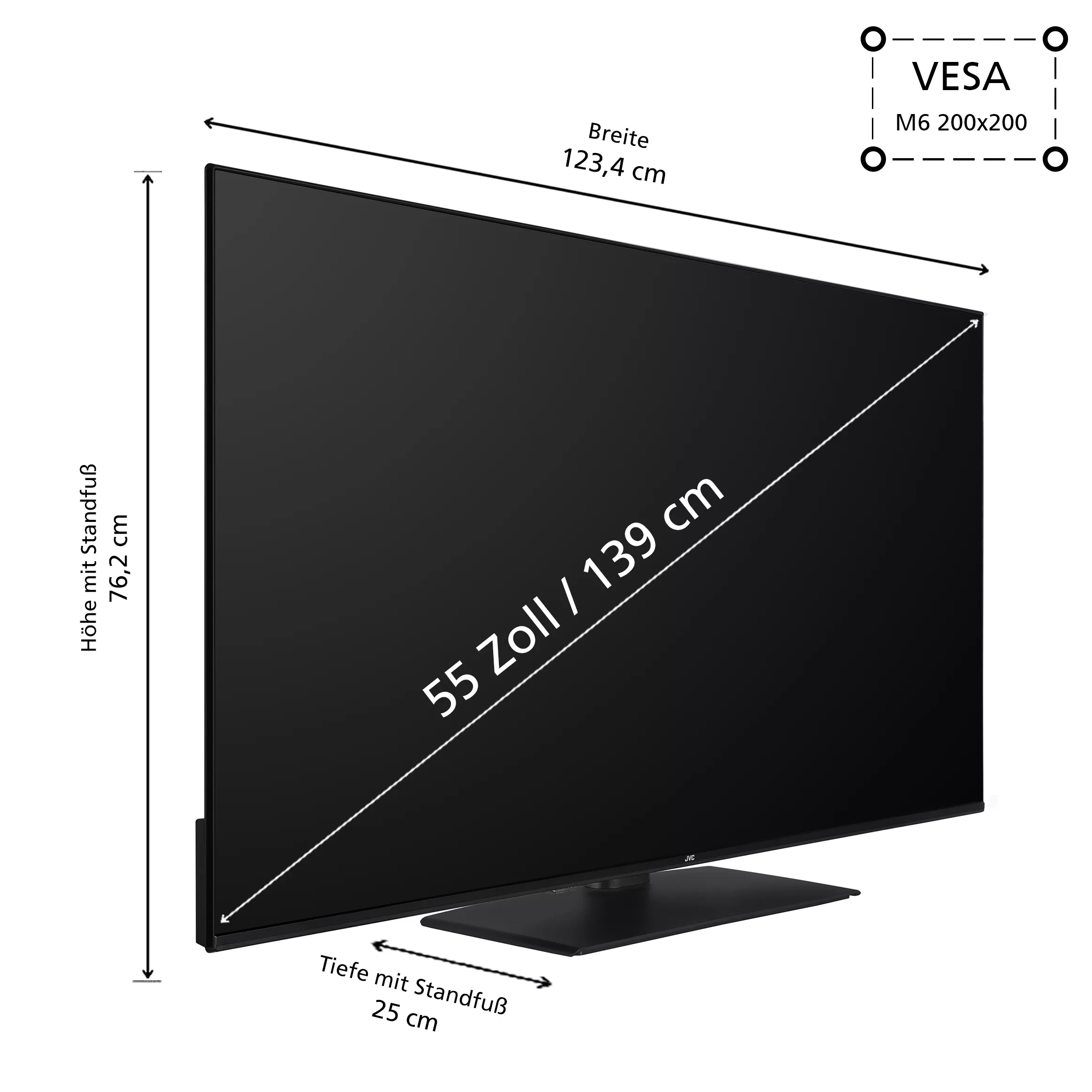 Abmessungen des JVC LT-55VUQ3455 55 Zoll 4K UHD Fernsehers