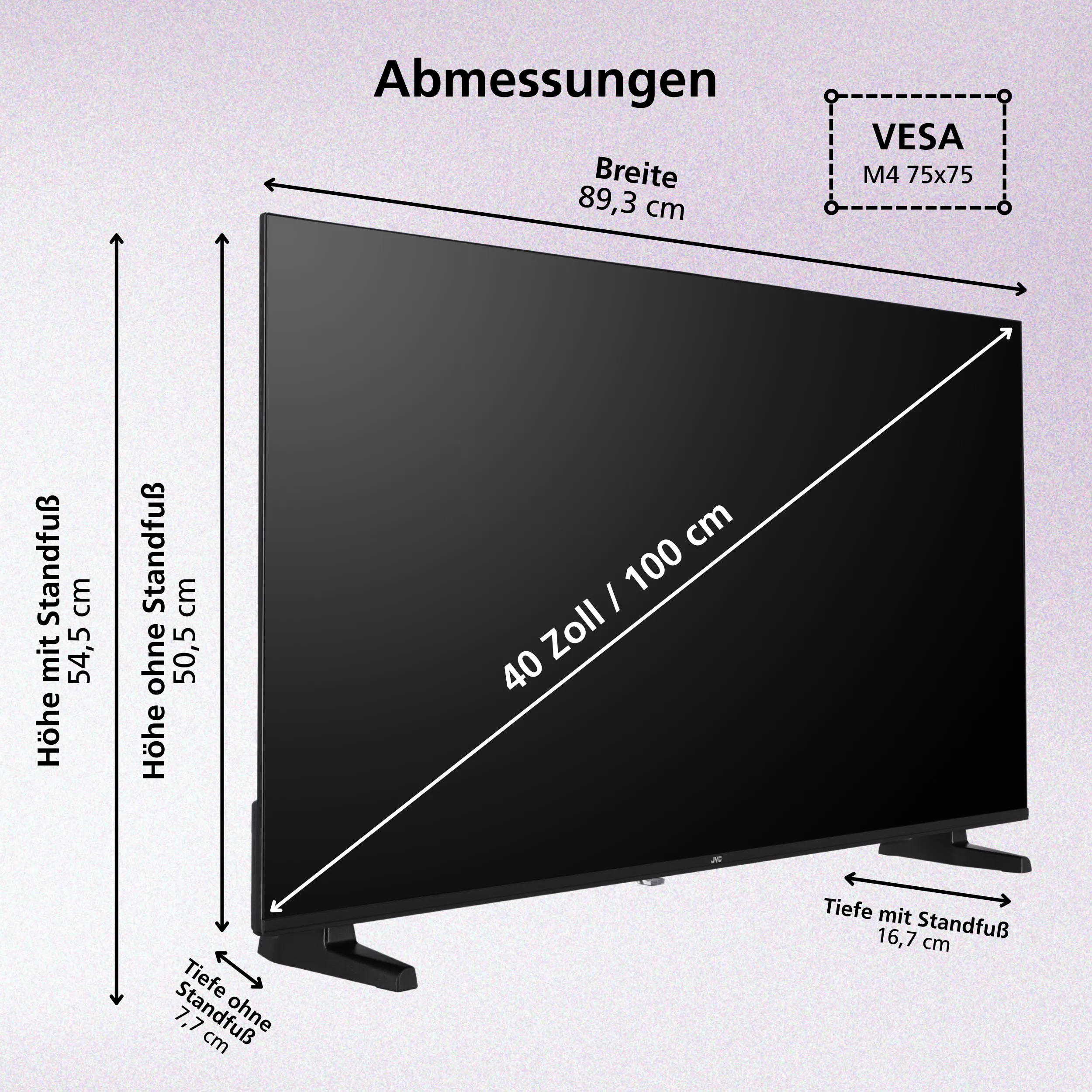 JVC LT-40VDF2555 mit Maßangaben – Darstellung der Abmessungen des 40-Zoll-Fernsehers
