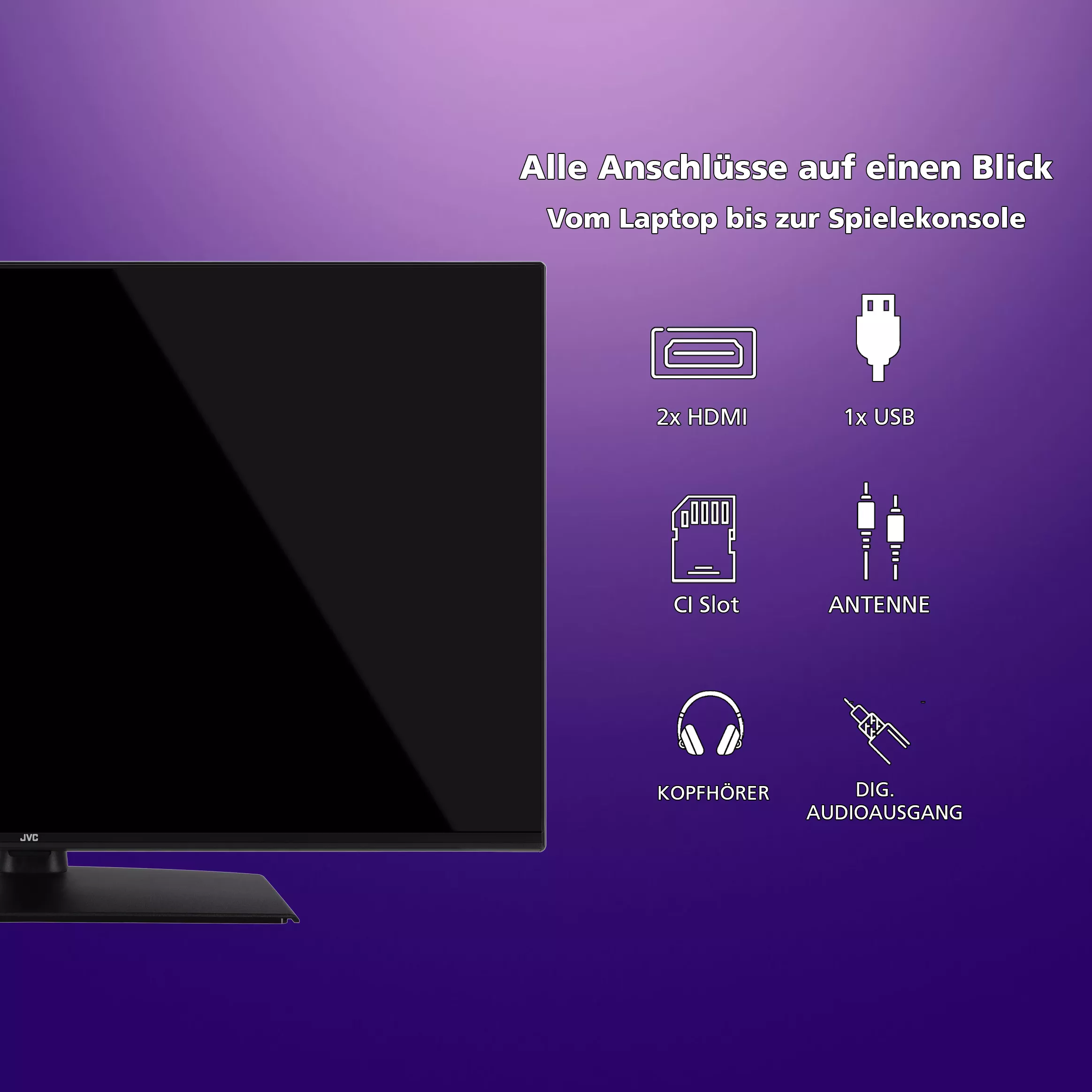 Anschlüsse des JVC LT-40VF4455 Fernsehers, darunter HDMI-, USB- und Audioeingänge