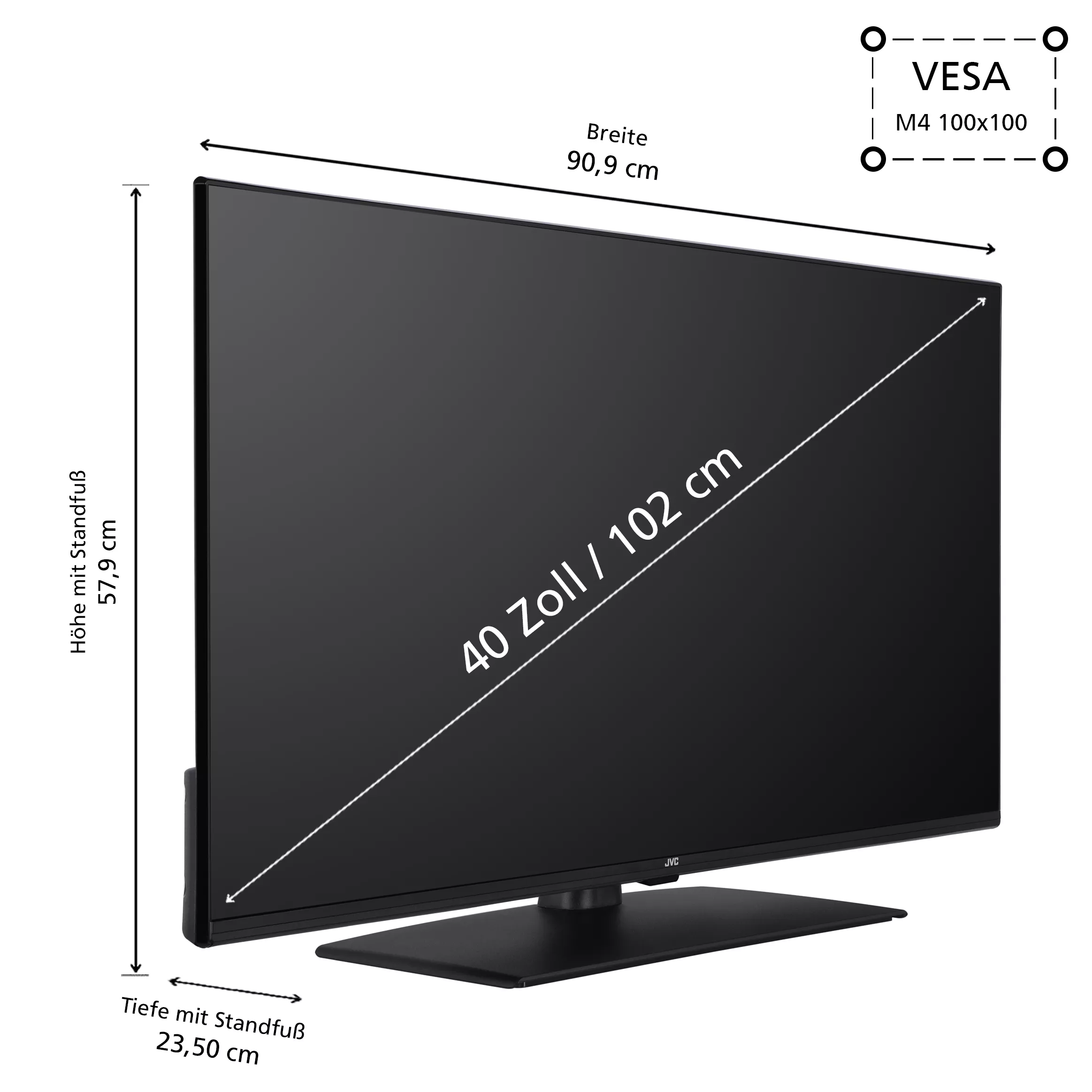 Abmessungen des JVC LT-40VF4455 Fernsehers mit Angaben zu Breite, Höhe und Tiefe