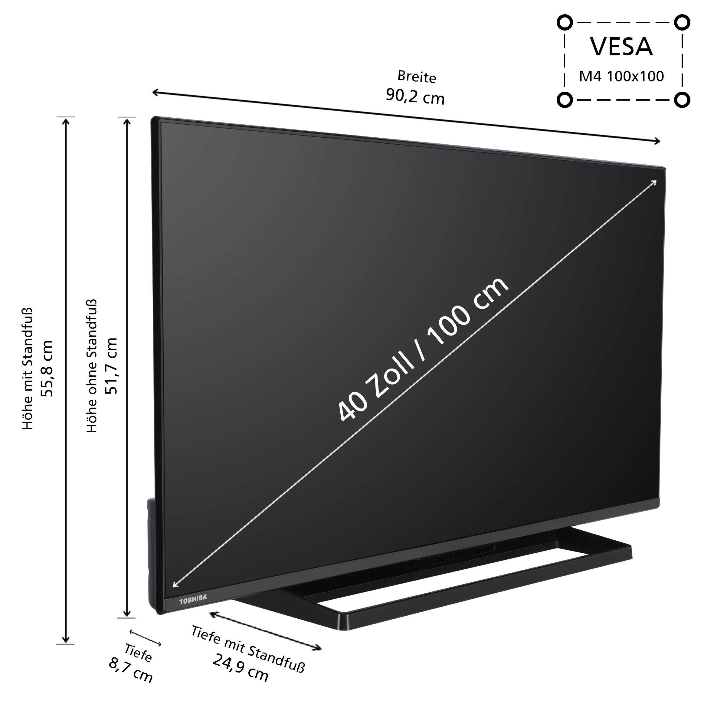Toshiba 40LA3E63DAZ Fernseher mit kompakten Abmessungen für flexible Platzierung.