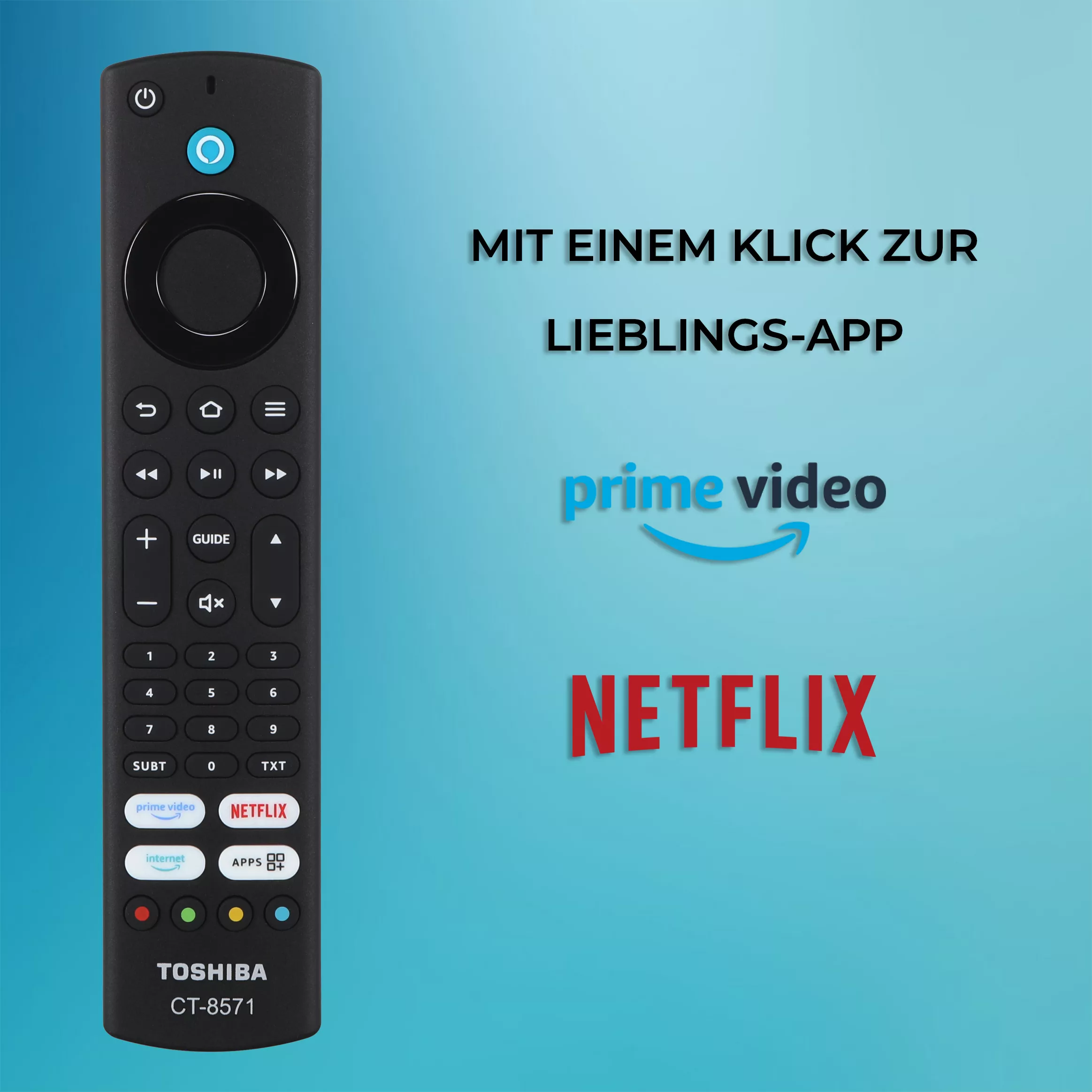 Die Fernbedienung des Toshiba 32LF3F63DAZ Fernsehers mit übersichtlicher Tastenanordnung für Lautstärke, Kanalwechsel, Menüsteuerung und Schnellzugriff auf Smart-TV-Funktionen.